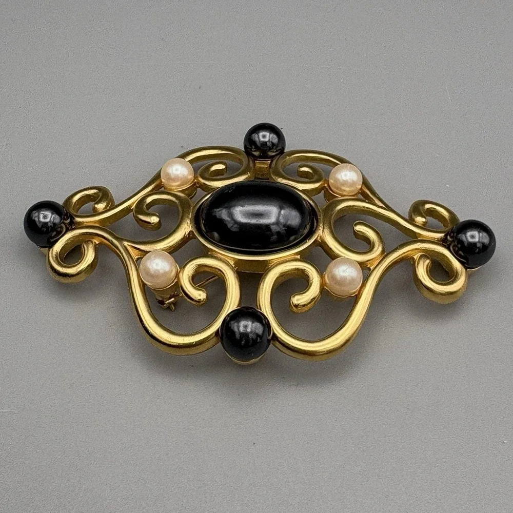 Vintage Monet Pin Brooch Gold Tone Simulated Pearls Scrolls Etruscan Revival